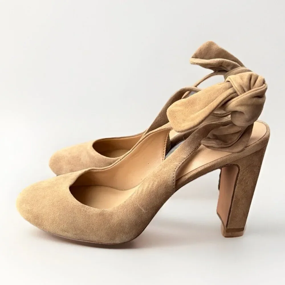 Banana Republic Tan Suede Bow Slingback Heels Almond Toe Block Heel Pump Size 8